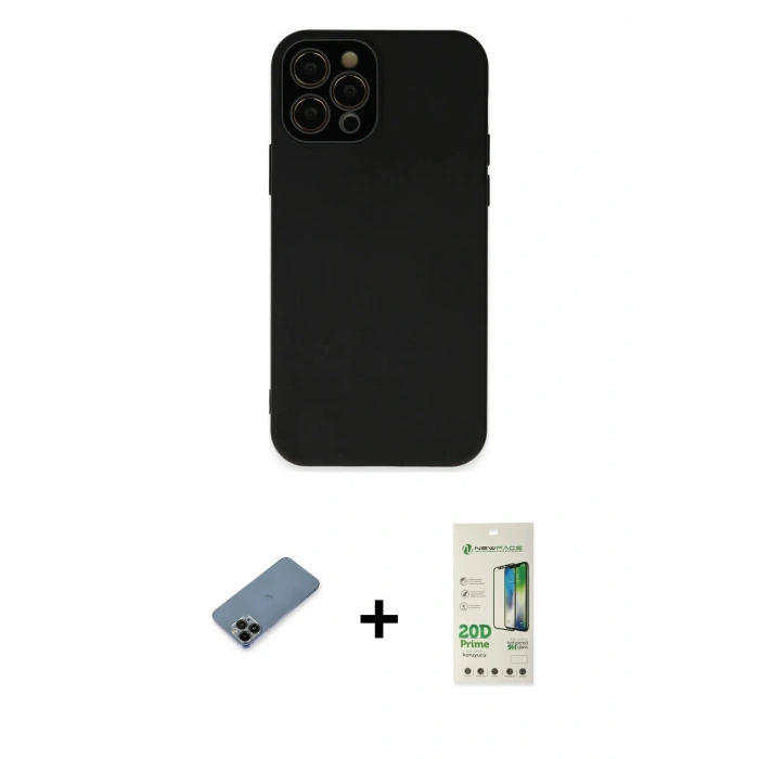 MARSİLYAN™- iPhone 12 Pro Max Kılıf Çekirdek Modern Serisi - Siyah 20D Premium Cam Ekran Koruyucu + Shine Kamera Lens Koruma Cam - SH