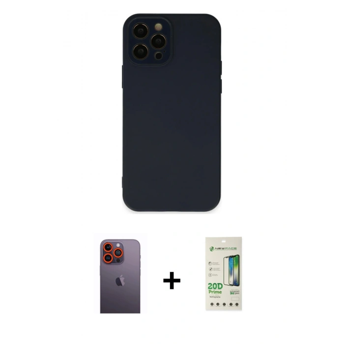 MARSİLYAN™- iPhone 12 Pro Max Kılıf Çekirdek Modern Serisi - Siyah 20D Premium Cam Ekran Koruyucu + Turuncu Neon Fosforlu Kamera Lens