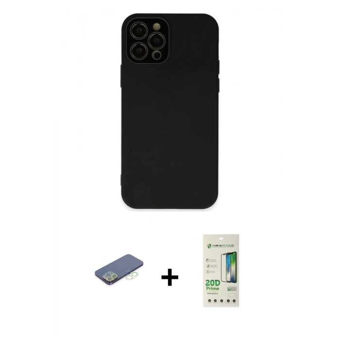 MARSİLYAN™- iPhone 12 Pro Max Kılıf Çekirdek Modern Serisi - Siyah 20D Premium Cam Ekran Koruyucu + Renkli Kamera Lens Koruma Cam - YL