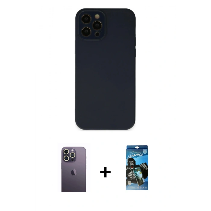 MARSİLYAN™- iPhone 12 Pro Max Kılıf Çekirdek Modern Serisi - Siyah 34D Izgaralı Cam + Beyaz Neon Fosforlu Kamera Lens