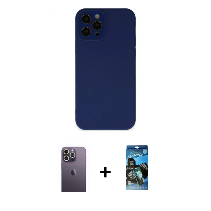 MARSİLYAN™- iPhone 12 Pro Max Kılıf Çekirdek Modern Serisi - Siyah 34D Izgaralı Cam + Beyaz Neon Fosforlu Kamera Lens
