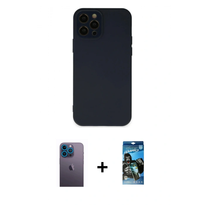 MARSİLYAN™- iPhone 12 Pro Max Kılıf Çekirdek Modern Serisi - Siyah 34D Izgaralı Cam + Neon Fosforlu Kamera Lens - MI