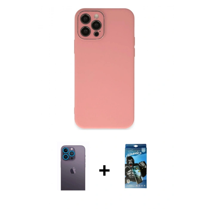 MARSİLYAN™- iPhone 12 Pro Max Kılıf Çekirdek Modern Serisi - Siyah 34D Izgaralı Cam + Neon Fosforlu Kamera Lens - MI