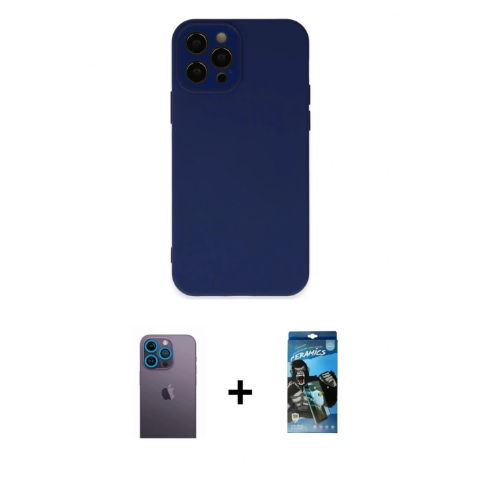 MARSİLYAN™- iPhone 12 Pro Max Kılıf Çekirdek Modern Serisi - Siyah 34D Izgaralı Cam + Neon Fosforlu Kamera Lens - MI