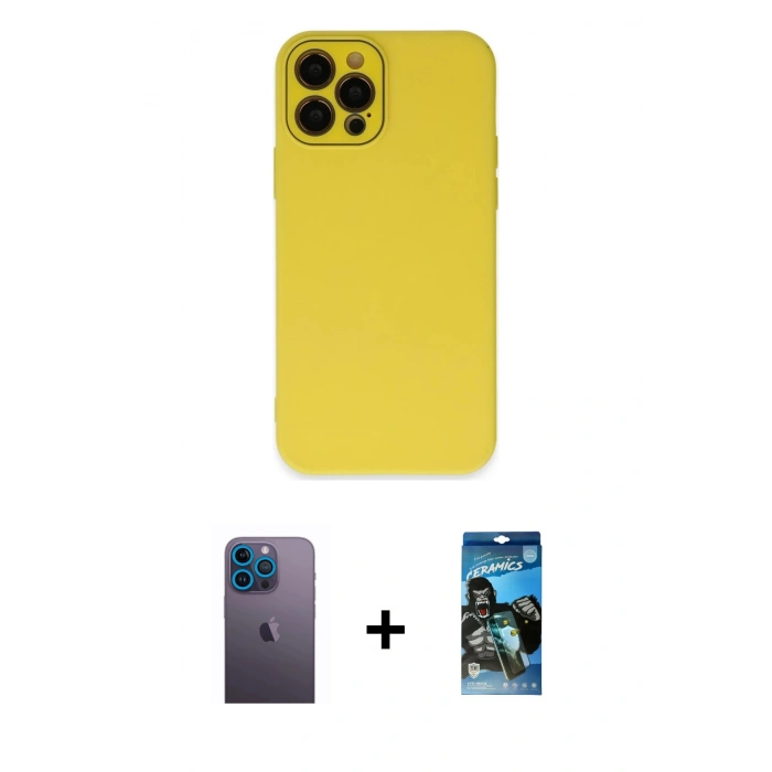 MARSİLYAN™- iPhone 12 Pro Max Kılıf Çekirdek Modern Serisi - Siyah 34D Izgaralı Cam + Neon Fosforlu Kamera Lens - MI