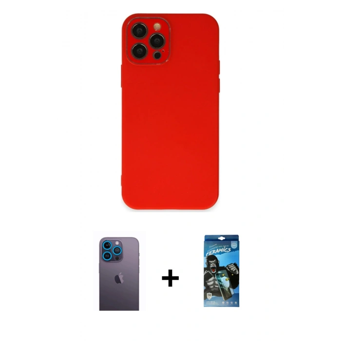 MARSİLYAN™- iPhone 12 Pro Max Kılıf Çekirdek Modern Serisi - Siyah 34D Izgaralı Cam + Neon Fosforlu Kamera Lens - MI