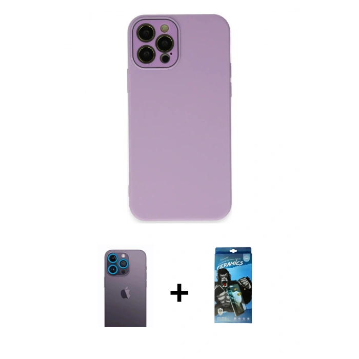 MARSİLYAN™- iPhone 12 Pro Max Kılıf Çekirdek Modern Serisi - Siyah 34D Izgaralı Cam + Neon Fosforlu Kamera Lens - MI