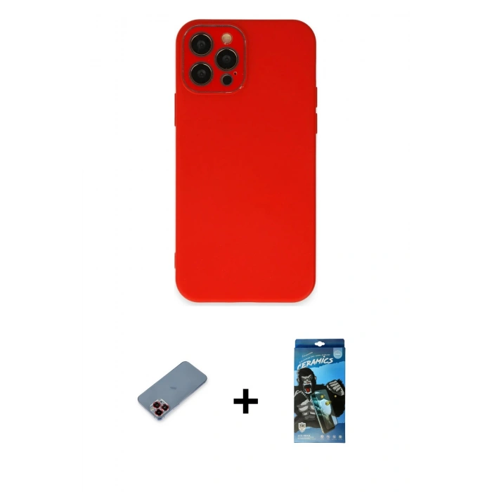 MARSİLYAN™- iPhone 12 Pro Max Kılıf Çekirdek Modern Serisi - Siyah 34D Izgaralı Cam + Metal Kamera Lens Koruma Cam - KI
