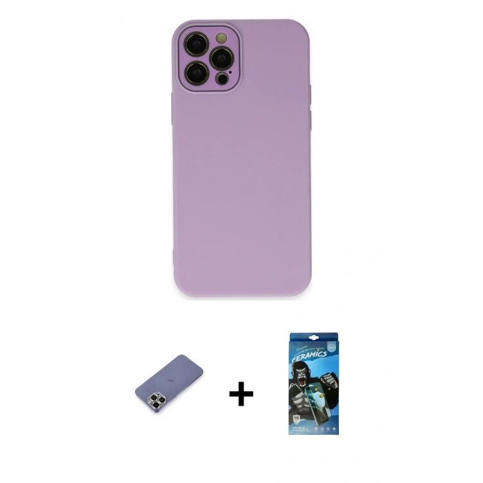 MARSİLYAN™- iPhone 12 Pro Max Kılıf Çekirdek Modern Serisi - Siyah 34D Izgaralı Cam + Metal Kamera Lens Koruma Cam - GD