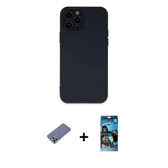 MARSİLYAN™- iPhone 12 Pro Max Kılıf Çekirdek Modern Serisi - Siyah 34D Izgaralı Cam + Metal Kamera Lens Koruma Cam - GD