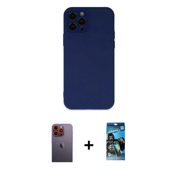 MARSİLYAN™- iPhone 12 Pro Max Kılıf Çekirdek Modern Serisi - Siyah 34D Izgaralı Cam + Neon Fosforlu Kamera Lens - TU