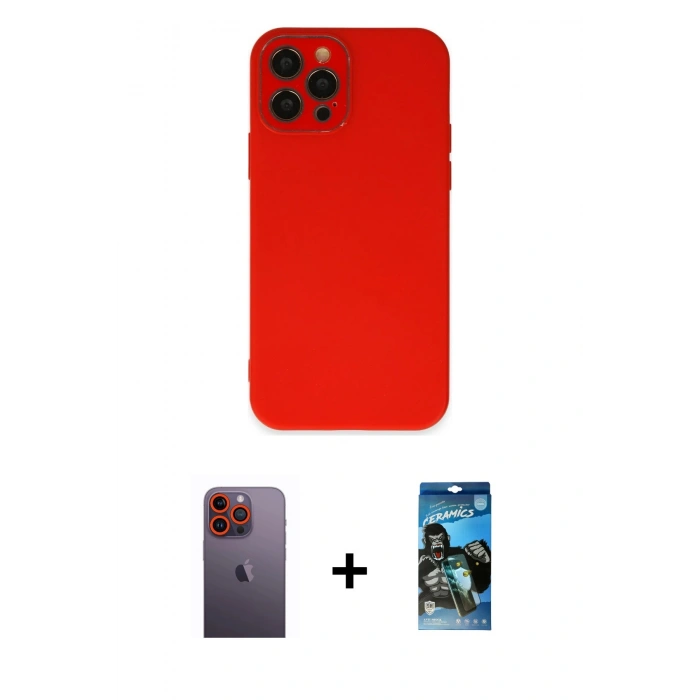 MARSİLYAN™- iPhone 12 Pro Max Kılıf Çekirdek Modern Serisi - Siyah 34D Izgaralı Cam + Neon Fosforlu Kamera Lens - TU
