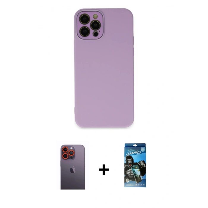 MARSİLYAN™- iPhone 12 Pro Max Kılıf Çekirdek Modern Serisi - Siyah 34D Izgaralı Cam + Neon Fosforlu Kamera Lens - TU