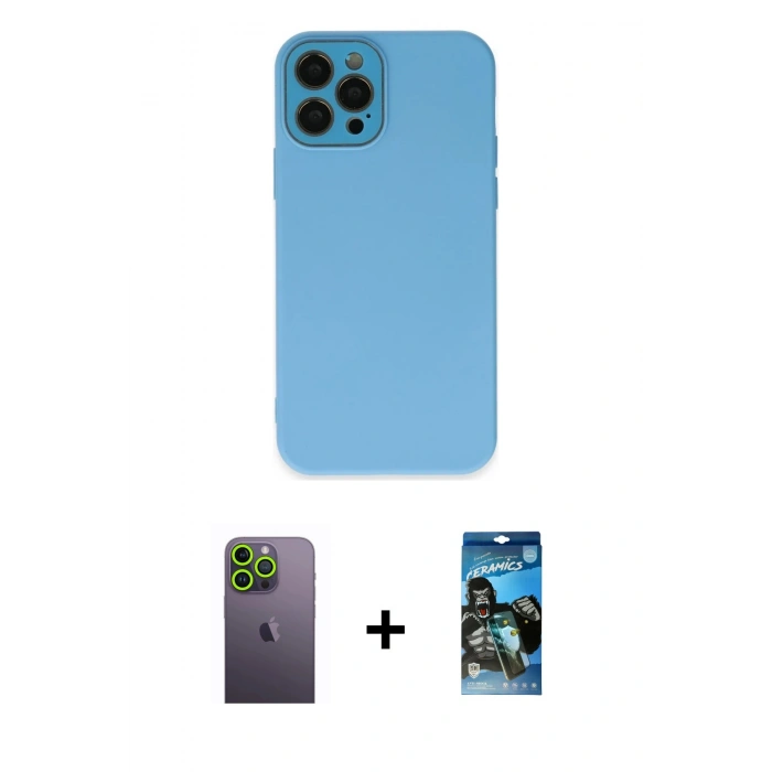 MARSİLYAN™- iPhone 12 Pro Max Kılıf Çekirdek Modern Serisi - Siyah 34D Izgaralı Cam + Neon Fosforlu Kamera Lens - YL