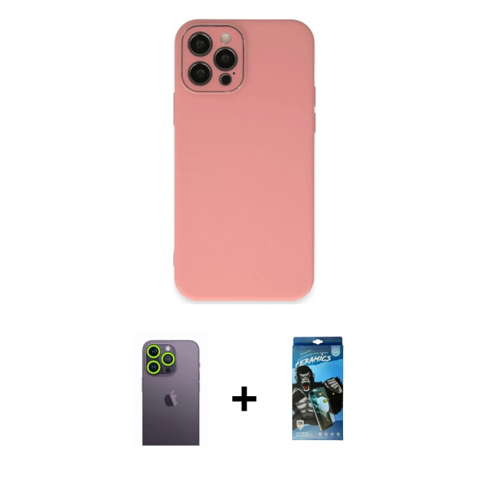 MARSİLYAN™- iPhone 12 Pro Max Kılıf Çekirdek Modern Serisi - Siyah 34D Izgaralı Cam + Neon Fosforlu Kamera Lens - YL