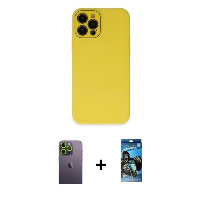 MARSİLYAN™- iPhone 12 Pro Max Kılıf Çekirdek Modern Serisi - Siyah 34D Izgaralı Cam + Neon Fosforlu Kamera Lens - YL