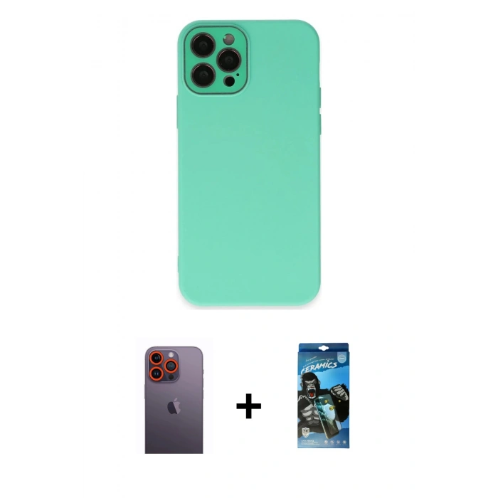 MARSİLYAN™- iPhone 12 Pro Max Kılıf Çekirdek Modern Serisi - Siyah 34D Izgaralı Cam + Neon Fosforlu Kamera Lens - TU