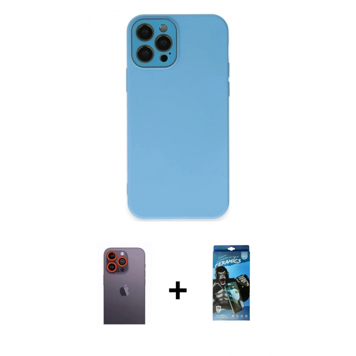 MARSİLYAN™- iPhone 12 Pro Max Kılıf Çekirdek Modern Serisi - Siyah 34D Izgaralı Cam + Neon Fosforlu Kamera Lens - TU
