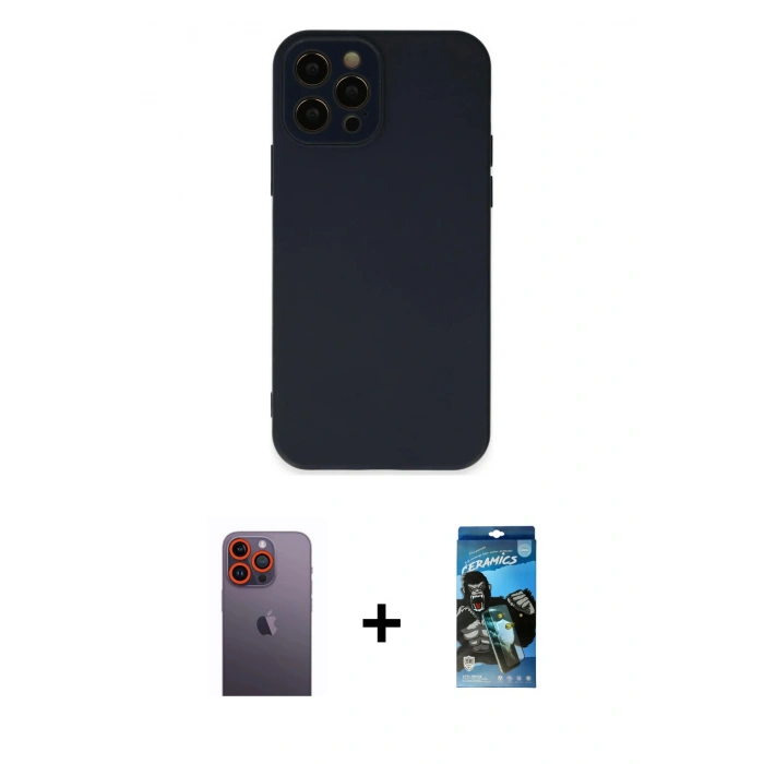 MARSİLYAN™- iPhone 12 Pro Max Kılıf Çekirdek Modern Serisi - Siyah 34D Izgaralı Cam + Neon Fosforlu Kamera Lens - TU