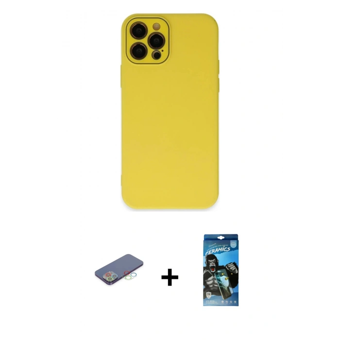 MARSİLYAN™- iPhone 12 Pro Max Kılıf Çekirdek Modern Serisi - Siyah 34D Izgaralı Cam + Renkli Kamera Lens Koruma Cam - MI