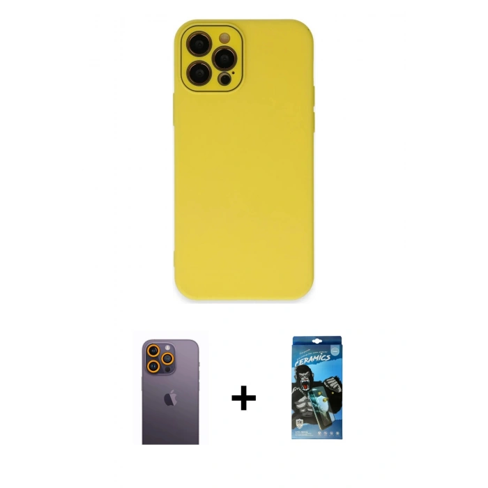 MARSİLYAN™- iPhone 12 Pro Max Kılıf Çekirdek Modern Serisi - Siyah 34D Izgaralı Cam + Neon Fosforlu Kamera Lens - SI