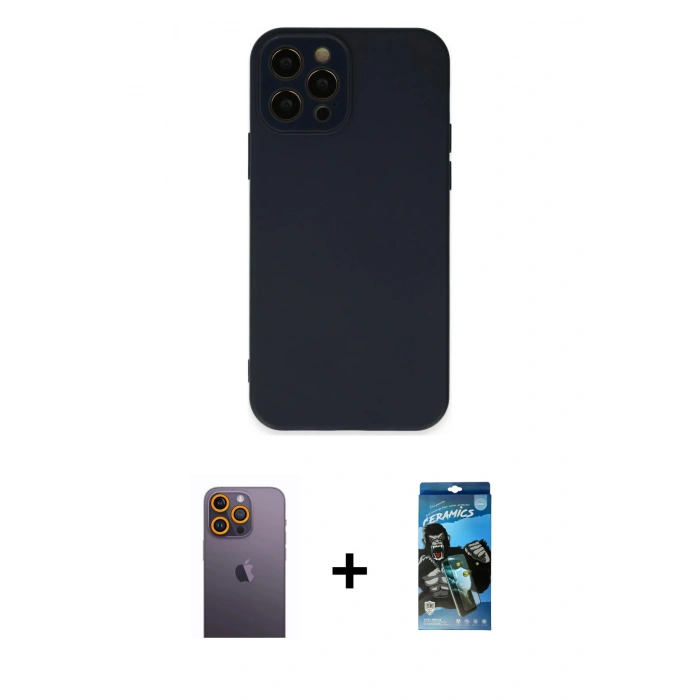 MARSİLYAN™- iPhone 12 Pro Max Kılıf Çekirdek Modern Serisi - Siyah 34D Izgaralı Cam + Neon Fosforlu Kamera Lens - SI