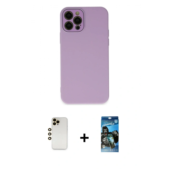MARSİLYAN™- iPhone 12 Pro Max Kılıf Çekirdek Modern Serisi - Siyah 34D Izgaralı Cam + Shine Kamera Lens - GD