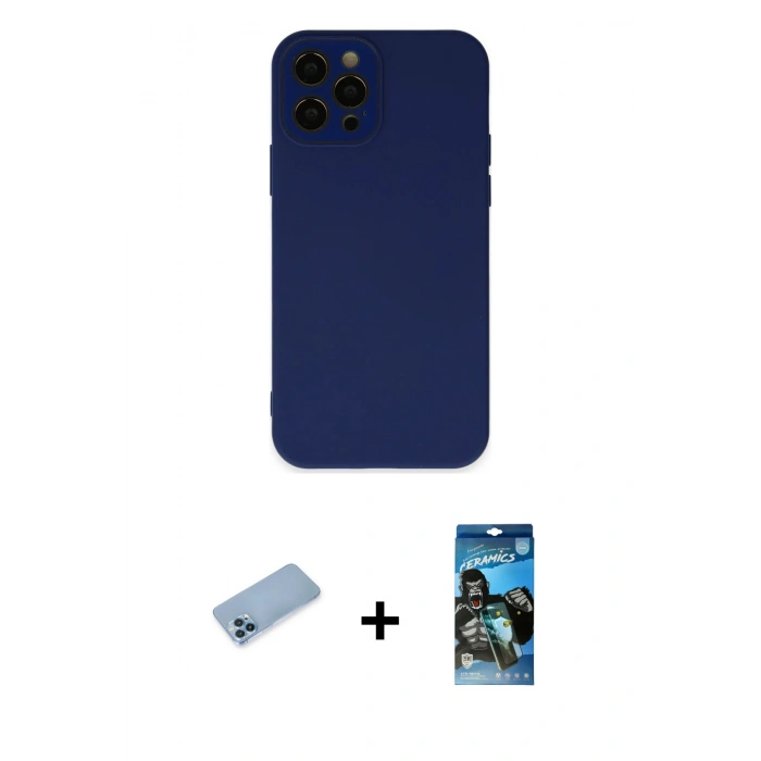 MARSİLYAN™- iPhone 12 Pro Max Kılıf Çekirdek Modern Serisi - Siyah 34D Izgaralı Cam + Shine Kamera Lens Koruma Cam - MI