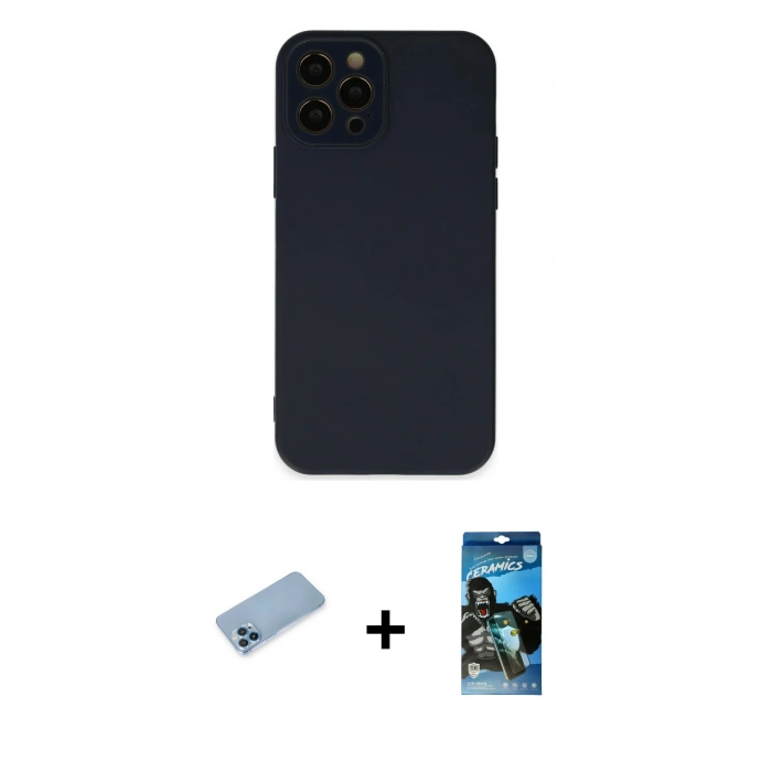 MARSİLYAN™- iPhone 12 Pro Max Kılıf Çekirdek Modern Serisi - Siyah 34D Izgaralı Cam + Shine Kamera Lens Koruma Cam - MI