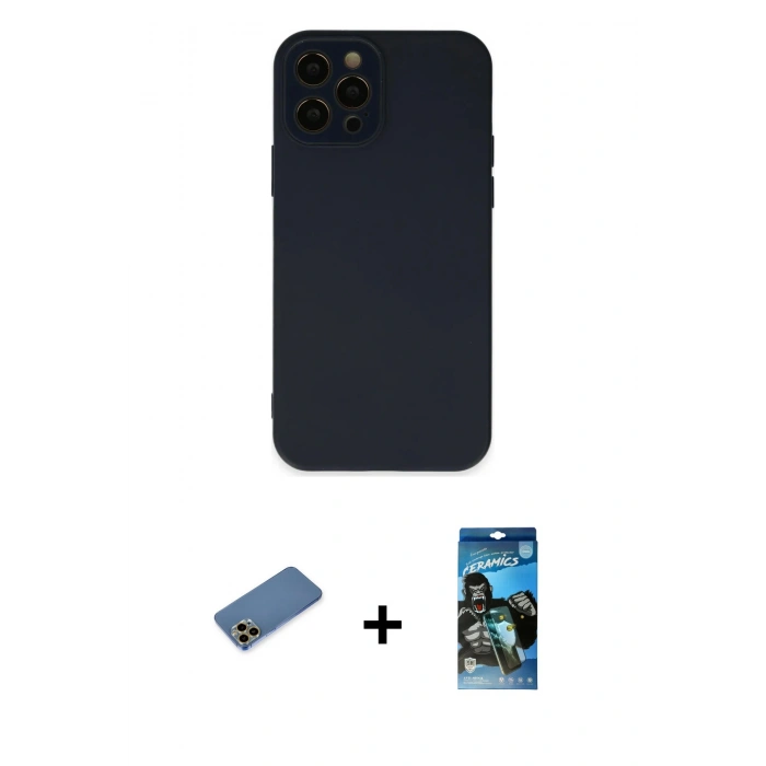 MARSİLYAN™- iPhone 12 Pro Max Kılıf Çekirdek Modern Serisi - Siyah 34D Izgaralı Cam + Shine Kamera Lens Koruma Cam - GD
