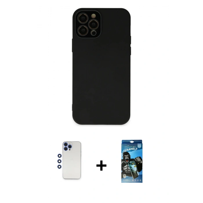 MARSİLYAN™- iPhone 12 Pro Max Kılıf Çekirdek Modern Serisi - Siyah 34D Izgaralı Cam + Shine Kamera Lens - LT