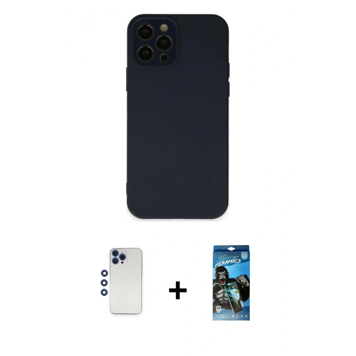 MARSİLYAN™- iPhone 12 Pro Max Kılıf Çekirdek Modern Serisi - Siyah 34D Izgaralı Cam + Shine Kamera Lens - LT