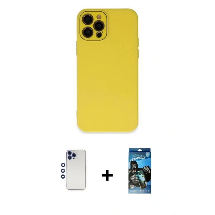 MARSİLYAN™- iPhone 12 Pro Max Kılıf Çekirdek Modern Serisi - Siyah 34D Izgaralı Cam + Shine Kamera Lens - LT