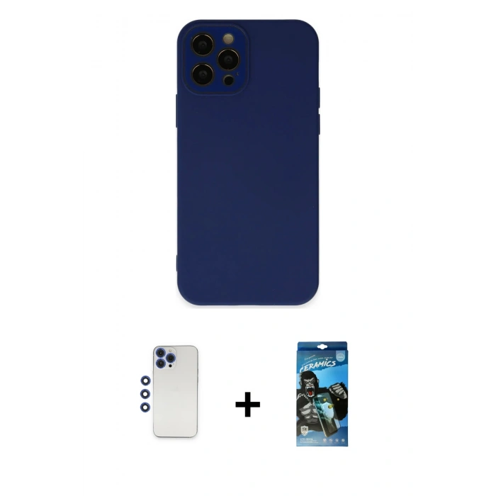 MARSİLYAN™- iPhone 12 Pro Max Kılıf Çekirdek Modern Serisi - Siyah 34D Izgaralı Cam + Shine Kamera Lens - LT