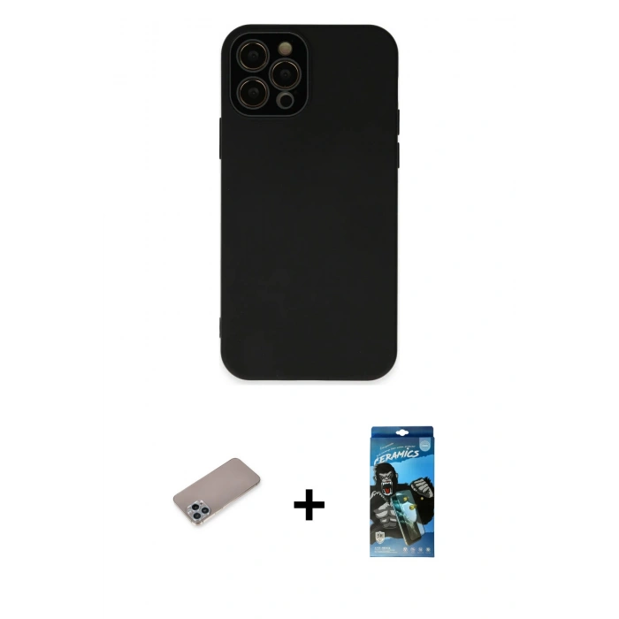 MARSİLYAN™- iPhone 12 Pro Max Kılıf Çekirdek Modern Serisi - Siyah 34D Izgaralı Cam + Shine Kamera Lens Koruma Cam - SABE