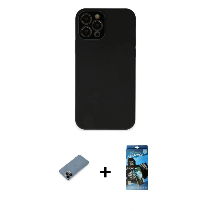 MARSİLYAN™- iPhone 12 Pro Max Kılıf Çekirdek Modern Serisi - Siyah 34D Izgaralı Cam + Siyah Shine Kamera Lens Koruma Cam
