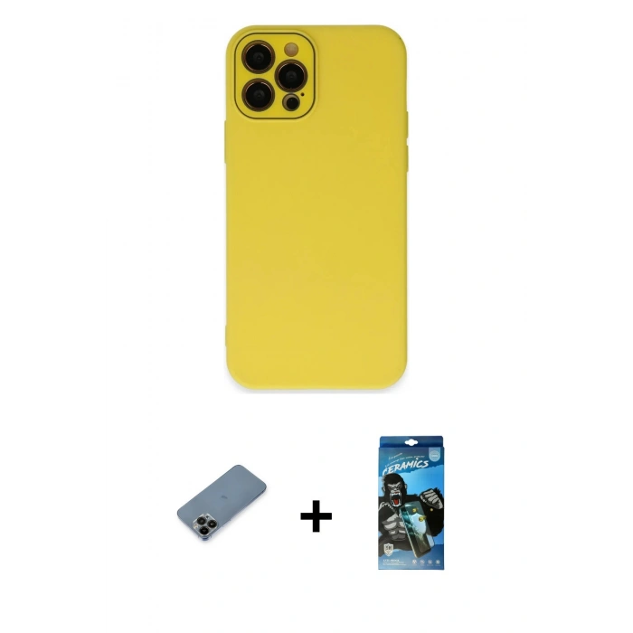 MARSİLYAN™- iPhone 12 Pro Max Kılıf Çekirdek Modern Serisi - Siyah 34D Izgaralı Cam + Siyah Shine Kamera Lens Koruma Cam