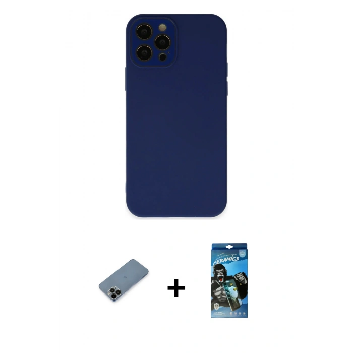 MARSİLYAN™- iPhone 12 Pro Max Kılıf Çekirdek Modern Serisi - Siyah 34D Izgaralı Cam + Siyah Shine Kamera Lens Koruma Cam