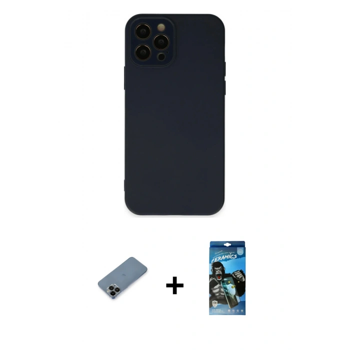 MARSİLYAN™- iPhone 12 Pro Max Kılıf Çekirdek Modern Serisi - Siyah 34D Izgaralı Cam + Siyah Shine Kamera Lens Koruma Cam