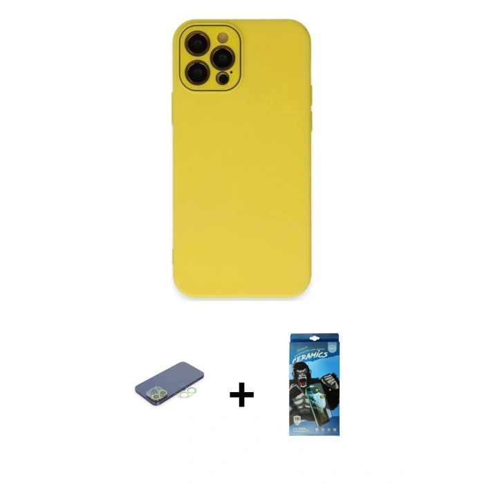 MARSİLYAN™- iPhone 12 Pro Max Kılıf Çekirdek Modern Serisi - Siyah 34D Izgaralı Cam + Yeşil Renkli Kamera Lens Koruma Cam