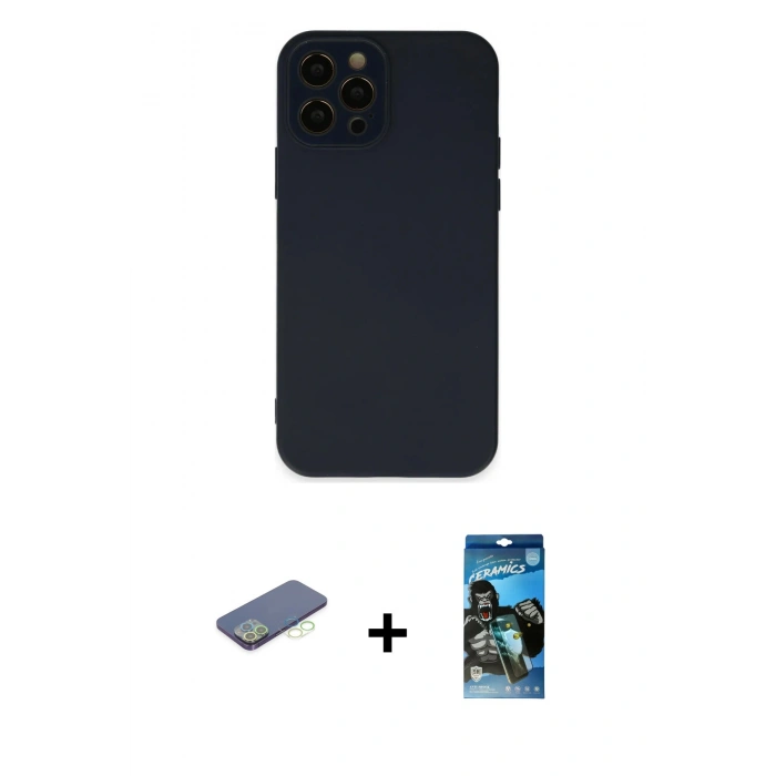 MARSİLYAN™- iPhone 12 Pro Max Kılıf Çekirdek Modern Serisi - Siyah 34D Izgaralı Cam + Yeşil Renkli Kamera Lens Koruma Cam