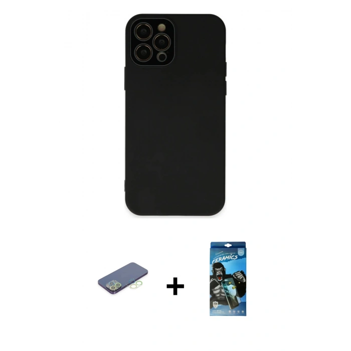 MARSİLYAN™- iPhone 12 Pro Max Kılıf Çekirdek Modern Serisi - Siyah 34D Izgaralı Cam + Yeşil Renkli Kamera Lens Koruma Cam