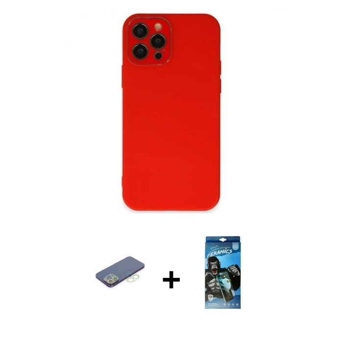 MARSİLYAN™- iPhone 12 Pro Max Kılıf Çekirdek Modern Serisi - Siyah 34D Izgaralı Cam + Yeşil Renkli Kamera Lens Koruma Cam