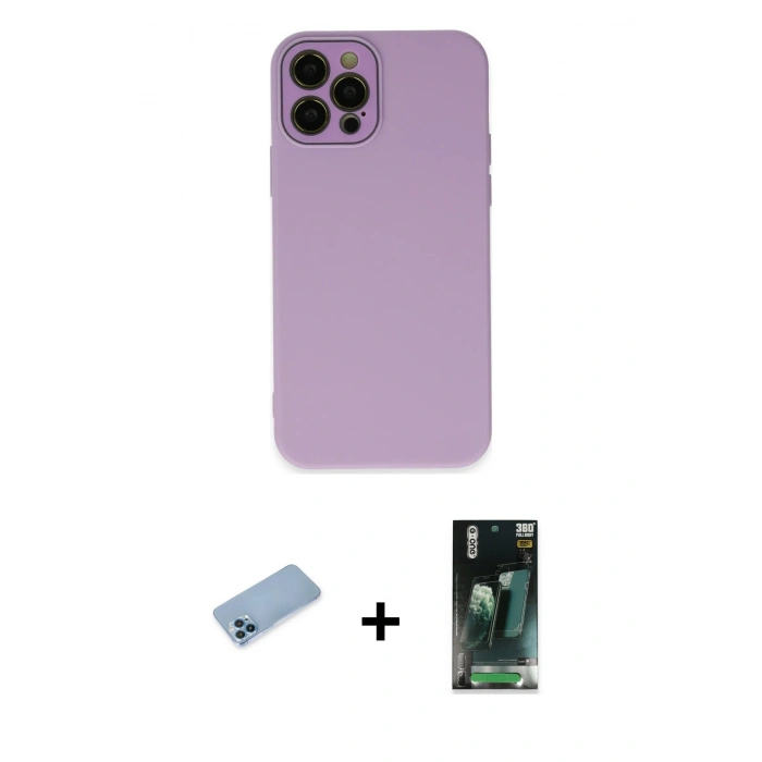 MARSİLYAN™- iPhone 12 Pro Max Kılıf Çekirdek Modern Serisi - Siyah 360 Mat Full Body Arka Koruyucu + Mavi Shine Kamera Lens Koruma Cam