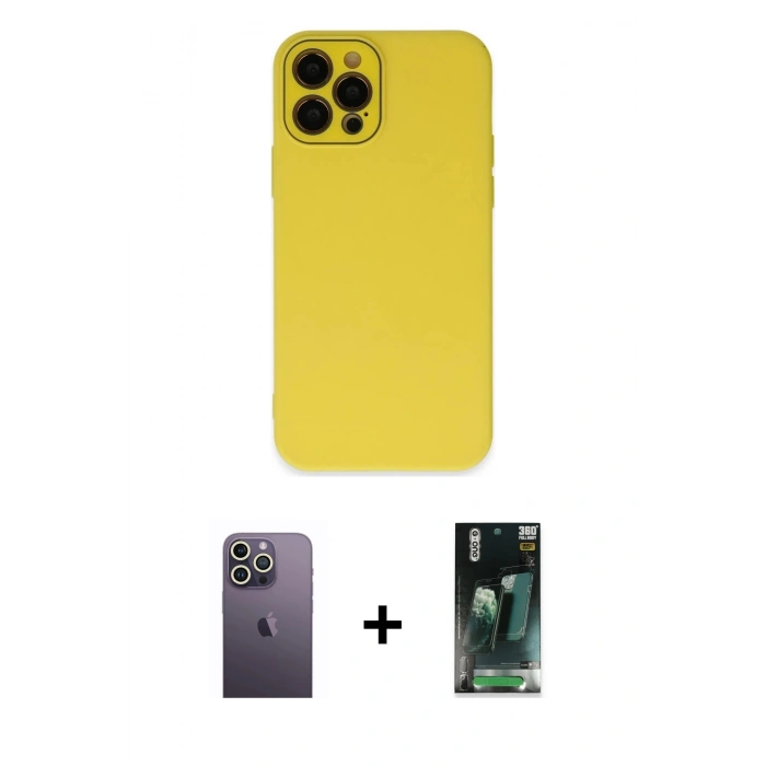 MARSİLYAN™- iPhone 12 Pro Max Kılıf Çekirdek Modern Serisi - Siyah 360 Mat Full Body Arka Koruyucu + Neon Fosforlu Kamera Lens - BZ