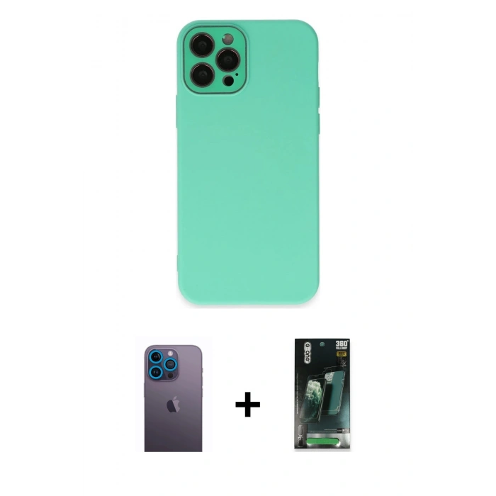MARSİLYAN™- iPhone 12 Pro Max Kılıf Çekirdek Modern Serisi - Siyah 360 Mat Full Body Arka Koruyucu + Neon Fosforlu Kamera Lens - MI