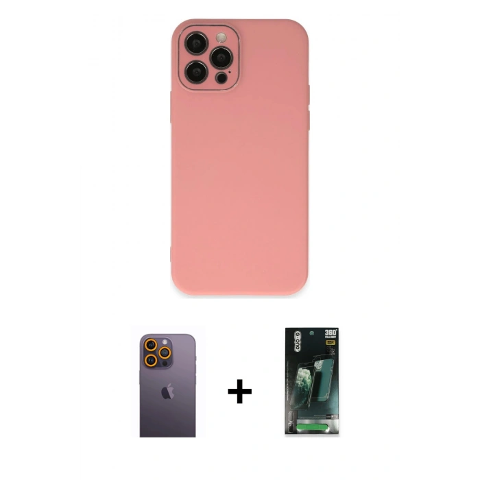 MARSİLYAN™- iPhone 12 Pro Max Kılıf Çekirdek Modern Serisi - Siyah 360 Mat Full Body Arka Koruyucu + Sarı Neon Fosforlu Kamera Lens