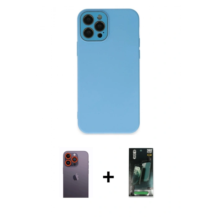 MARSİLYAN™- iPhone 12 Pro Max Kılıf Çekirdek Modern Serisi - Siyah 360 Mat Full Body Arka Koruyucu + Neon Fosforlu Kamera Lens - TU