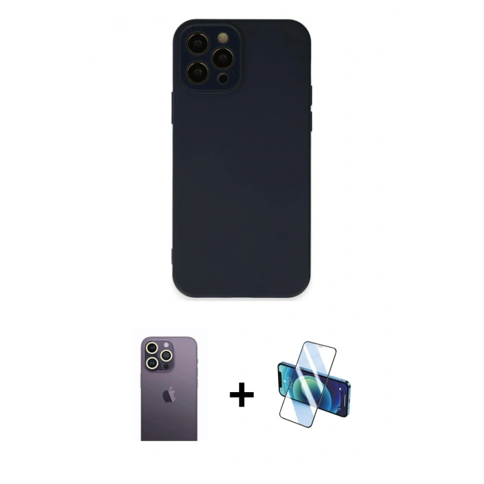 MARSİLYAN™- iPhone 12 Pro Max Kılıf Çekirdek Modern Serisi - Siyah 3D Antistatik Cam Ekran Koruyucu + Beyaz Neon Fosforlu Kamera Lens