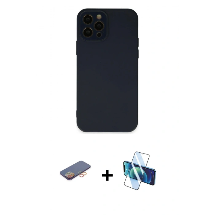 MARSİLYAN™- iPhone 12 Pro Max Kılıf Çekirdek Modern Serisi - Siyah 3D Antistatik Cam Ekran Koruyucu + Renkli Kamera Lens Koruma Cam - TU